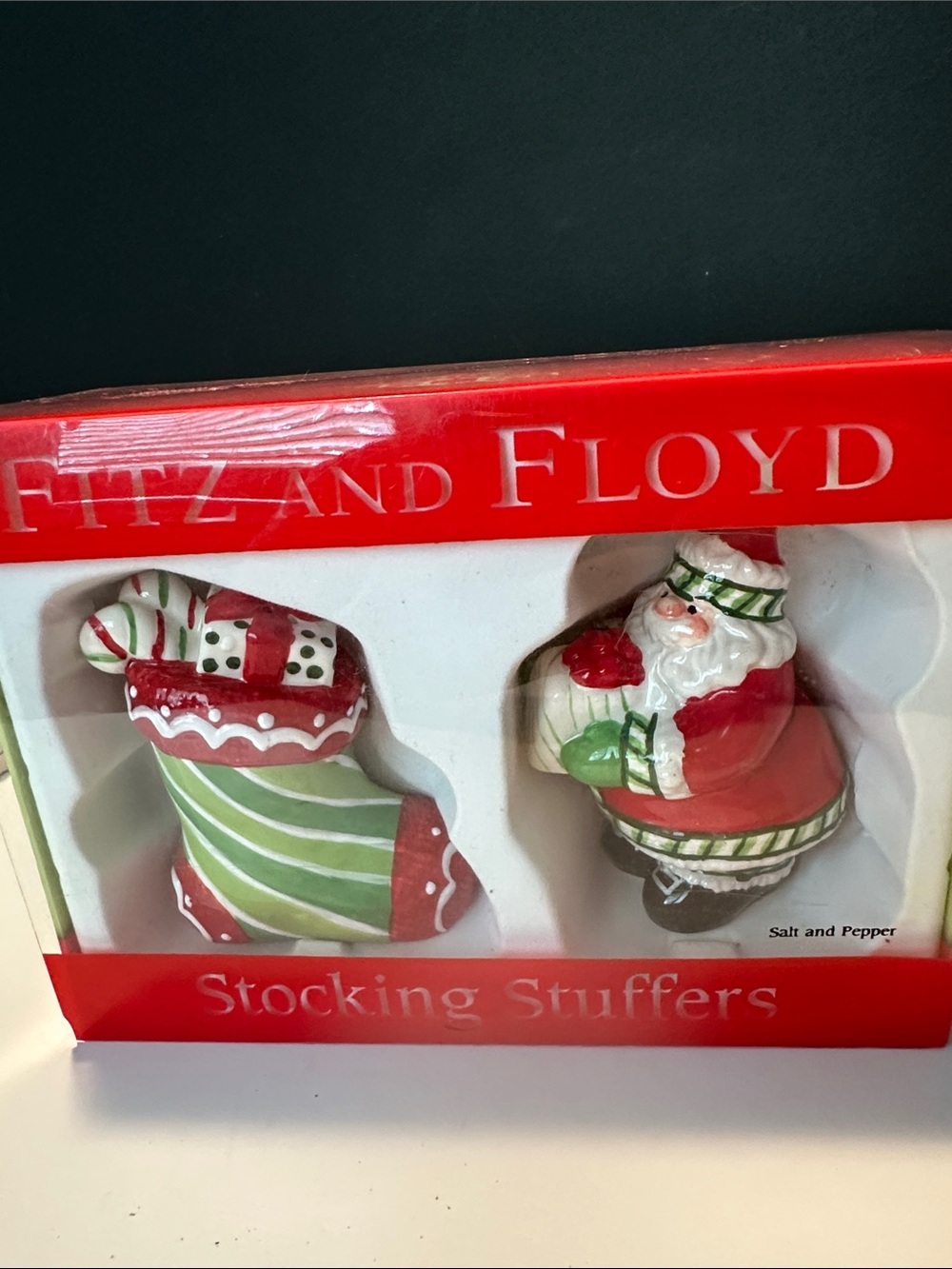Fitz and Floyd Red, Holiday Santa & Stocking Salt and Pepper 2007 in box.